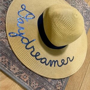Beige Beach Hat with navy blue bow and blue sequin daydreamer